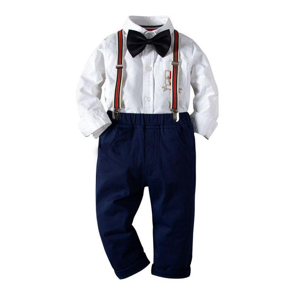 4 Pcs Boys Cotton Shirts And Pants With Suspender And Bowtie