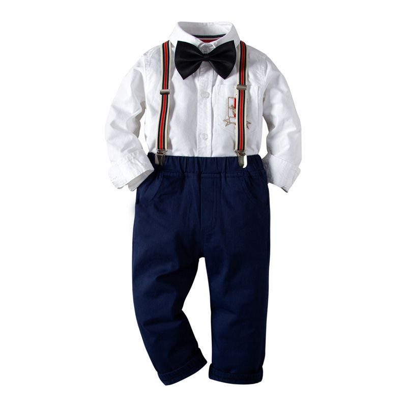 4 Pcs Boys Cotton Shirts And Pants With Suspender And Bow Tie