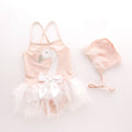 2 Pcs Girl Swan Printed Patchwork Swimwear And Cap