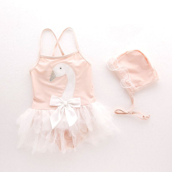 2 Pcs Girl Swan Printed Patchwork Swimwear And Cap
