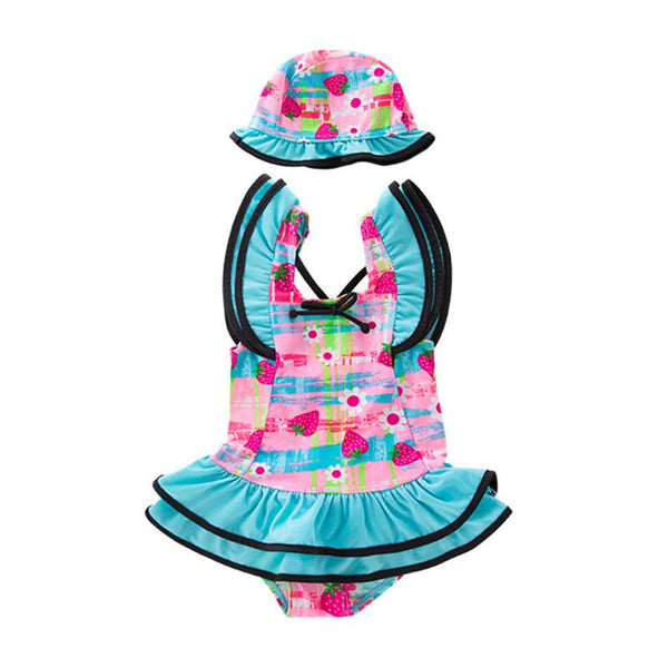 2 Pcs Girl Multicolor Printed Ruffle Swimwear And Cap