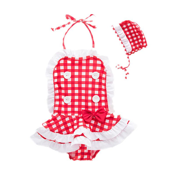 2 Pcs Girl Red Plaid Printed Swimwear And Swimming Cap