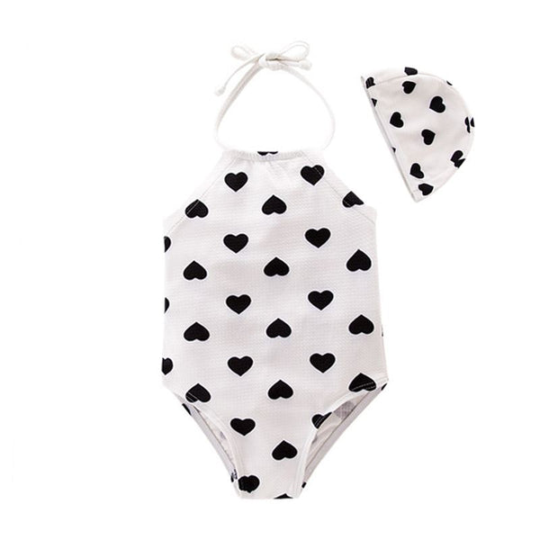 2 Pcs Girl Heart Printed Halterneck Swimwear And Bathing Cap