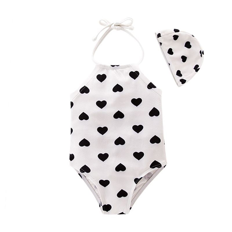 2 Pcs Girl Heart Printed Halterneck Swimwear And Bathing Cap