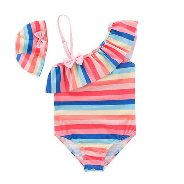 2 Pcs Girl Multicolor Stripes One-shoulder Swimwear And Cap