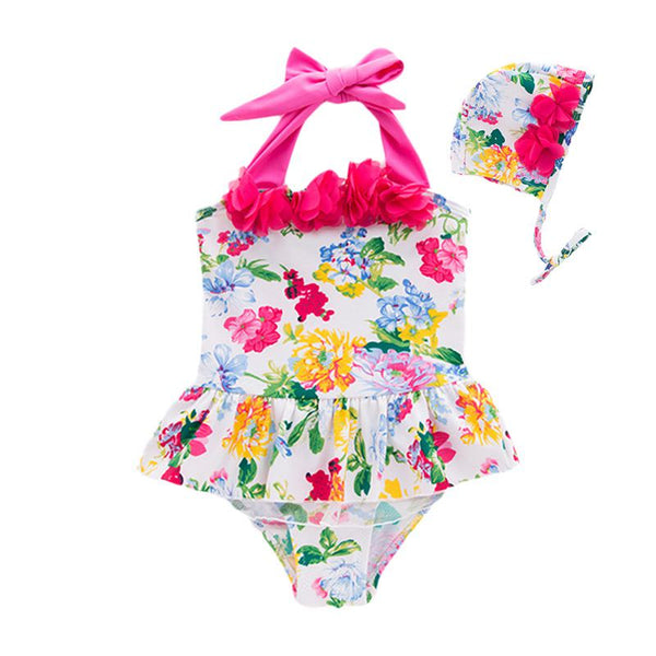2 Pcs Girl Bright Flower Printed Halterneck Swimwear And Cap