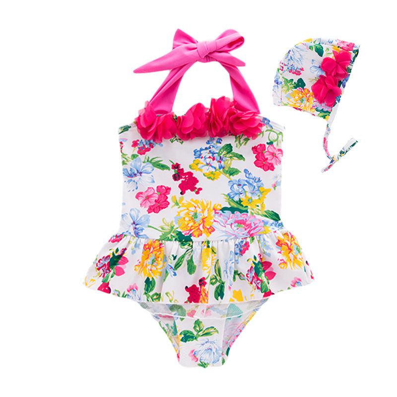 2 Pcs Girl Bright Flower Printed Halterneck Swimwear And Cap