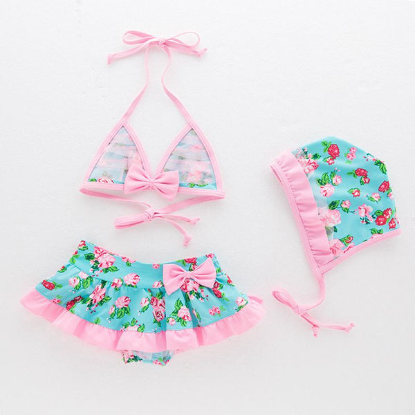 3  Pcs Girl Floral Printed Halterneck Swimsuit And Swimming Cap