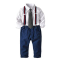 4 Pcs Boys Cotton White Shirts And Pants With Suspender And Tie