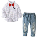 3 Pcs Boys Print Shirts And Denim Pants With Bowtie