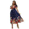 Women Original Design Surplice Short-sleeve High-waisted Floral Print Side-slit Dress