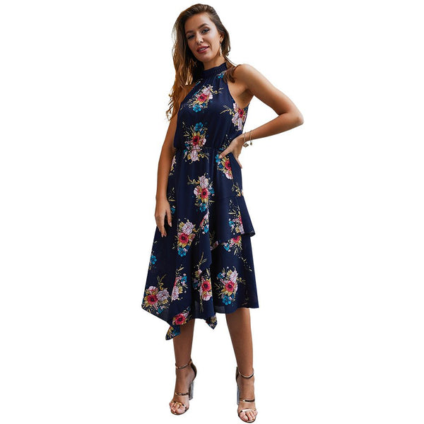 Hot Sale Women Halter Sleeveless Floral Print Bohemian Midi Dresses