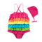2 Pcs Girl Rainbow Ruffle Design Criss Cross Back Swimwear And Cap