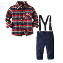 3 Pcs Boys Plaid Shirts And Pants With Suspender