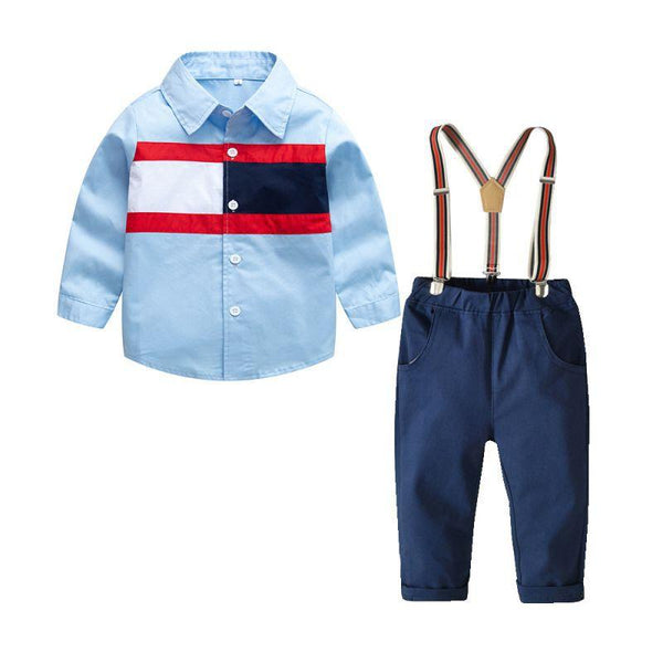 3 Pcs Boys Patchwork Shirts And Pants With Suspender