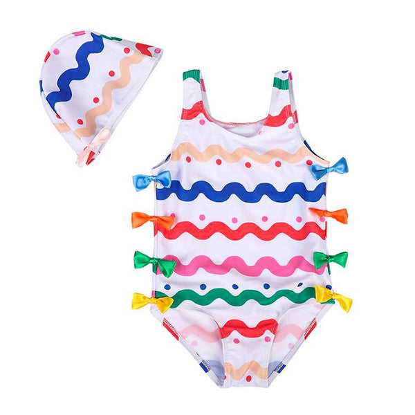 2 Pcs Girl Colorful Wave Printed Sleeveless Swimwear And Cap