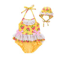 2 Pcs Girl Strawberry Printed Halterneck Swimwear And Bathing Cap