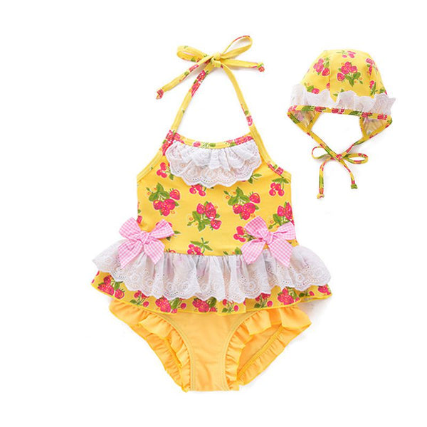 2 Pcs Girl Strawberry Printed Halterneck Swimwear And Bathing Cap