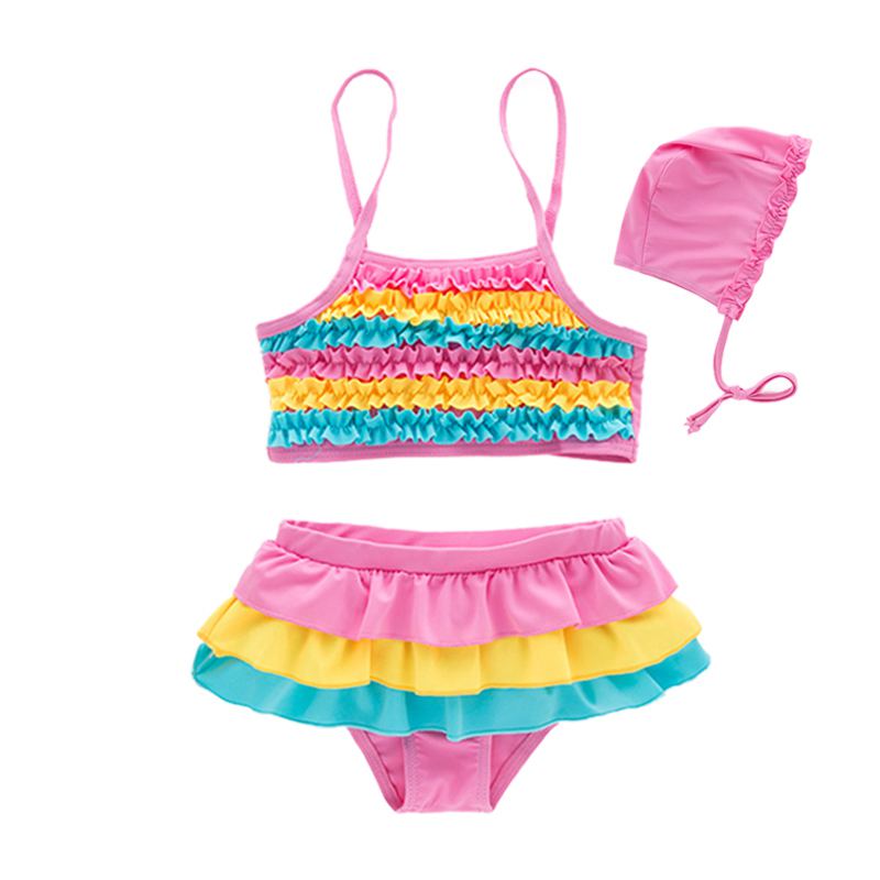 3 Pcs Girl Rainbow Color Ruffle Design Swimsuit And Cap
