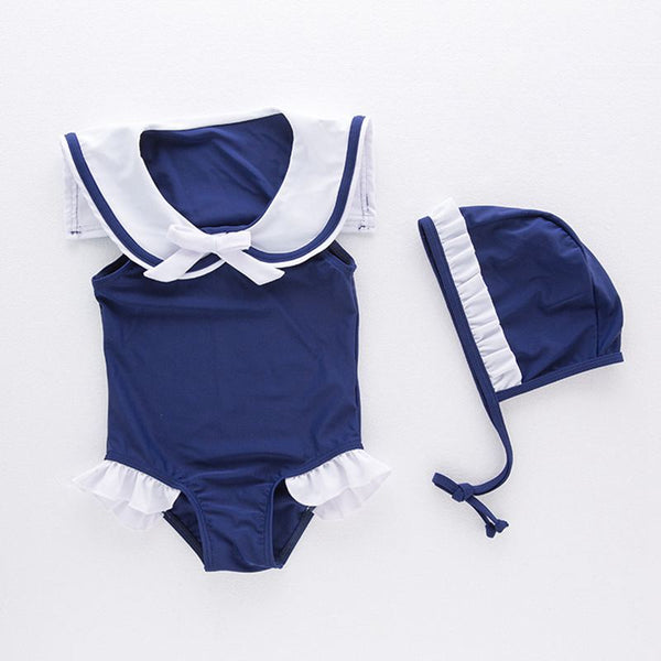 2 Pcs Girl Patchwork Swimwear And Swimming Cap