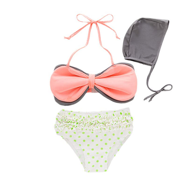3 Pcs Girl Bowknot Design Swimsuit And Cap