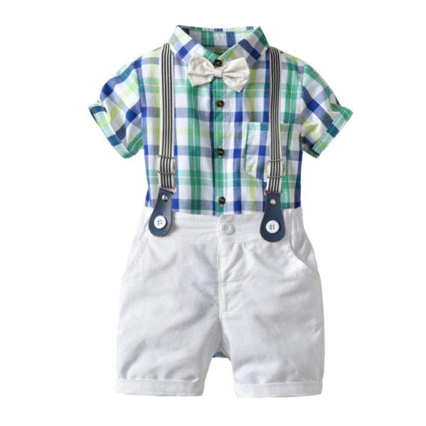 4 Pcs Toddler Boys Cotton Lapel Bodysuits And Shorts With Suspender And Bowtie