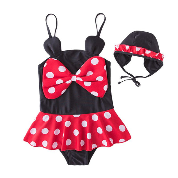 2 Pcs Girl Dot Printed Swimwear And Bathing Cap