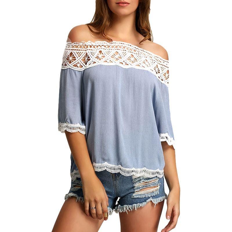 Women Off Shoulder Half-sleeve Patchwork Lace Chiffon Blouses