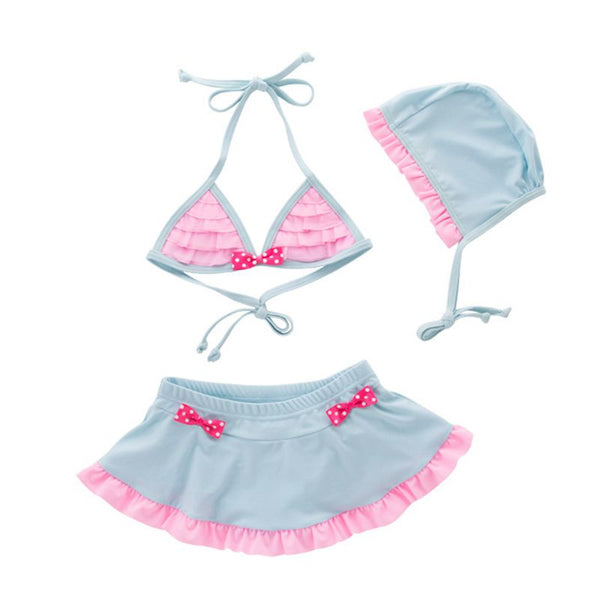 3 Pcs Girl Color Blocking Halterneck Swimsuit And Bathing Cap