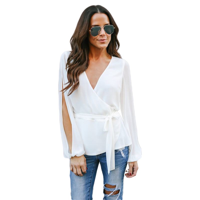 Hot Sale Women V Neck Fluttering Sleeve Sash Chiffon Blouses