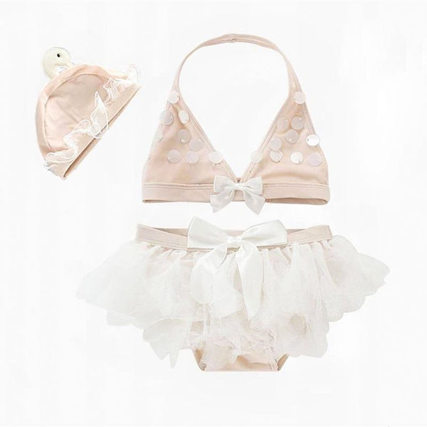 3 Pcs Girl Swan Pattern Swimsuit And Swimming Cap