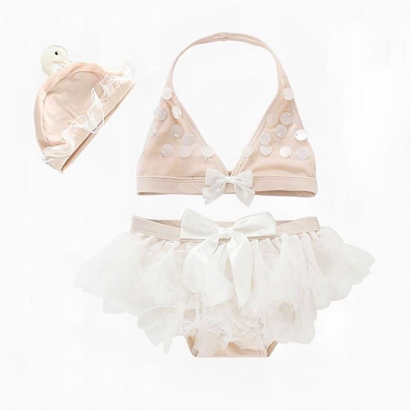 3 Pcs Girl Swan Pattern Swimsuit And Swimming Cap