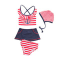 4 Pcs Girl Red Line Printed Swimsuit And Cap