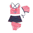 4 Pcs Girl Red Line Printed Swimsuit And Cap