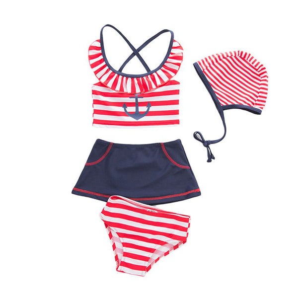 4 Pcs Girl Red Line Printed Swimsuit And Cap