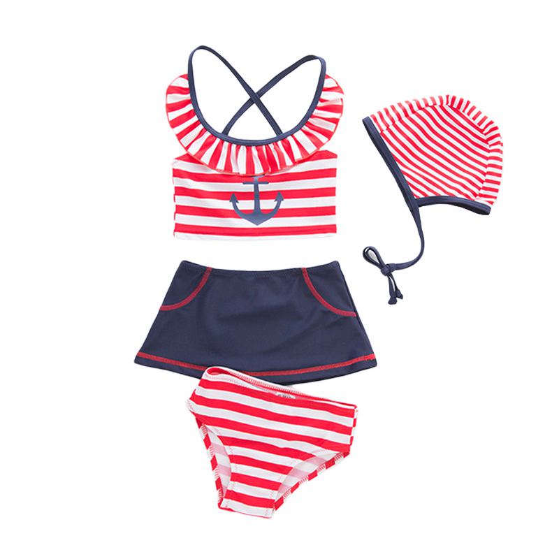 4 Pcs Girl Red Line Printed Swimsuit And Cap
