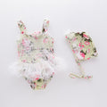 2 Pcs Girl Flower Printed Patchwork Swimwear And Cap