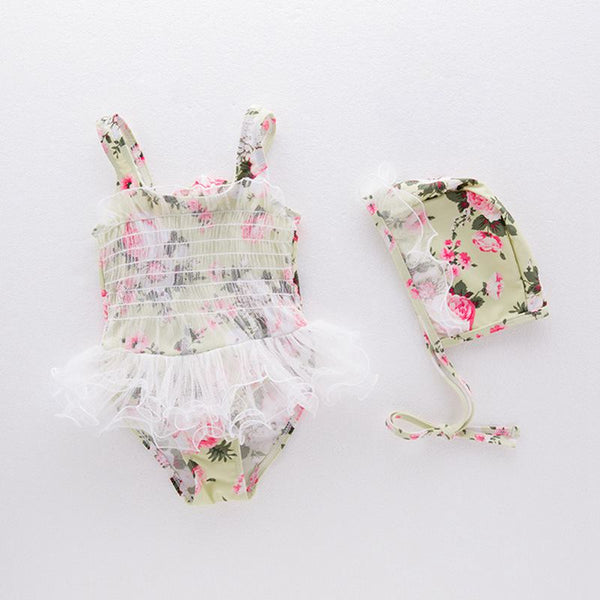 2 Pcs Girl Flower Printed Patchwork Swimwear And Cap
