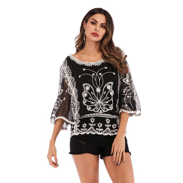 Hot Sale Women Loose Round Collar Three Quarter Sleeve Embroidery Chiffon Blouses