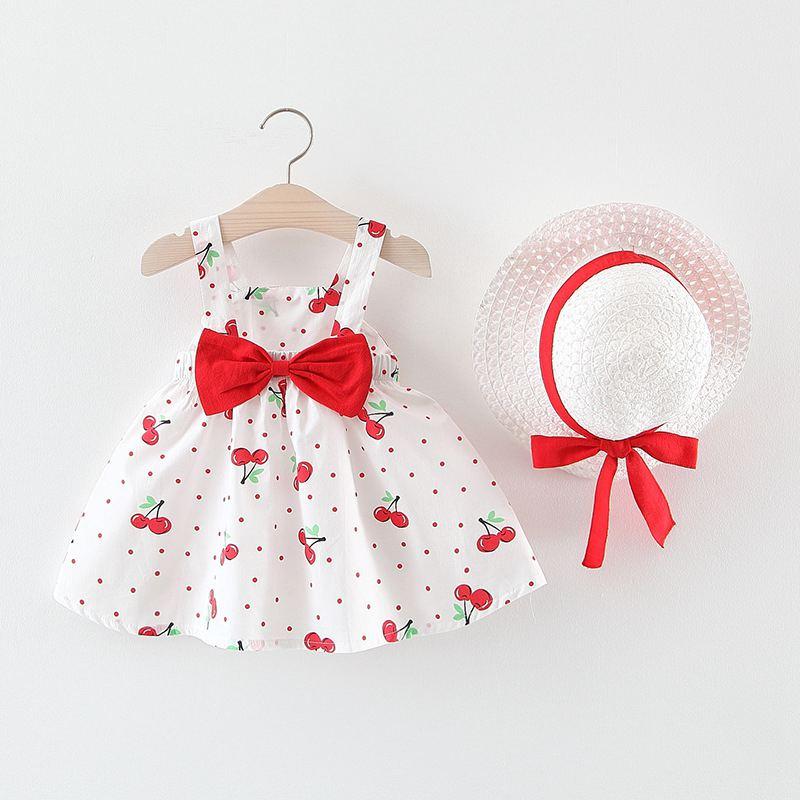 4 Set Girl Cherry Printed Dress And Straw Hat