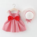 4 Set Girl Plaid Printed Bowknot Dress And Straw Hat