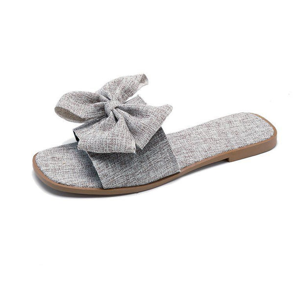 Breathable Linen Fabric Women Summer Bowknot Slippers Shoes