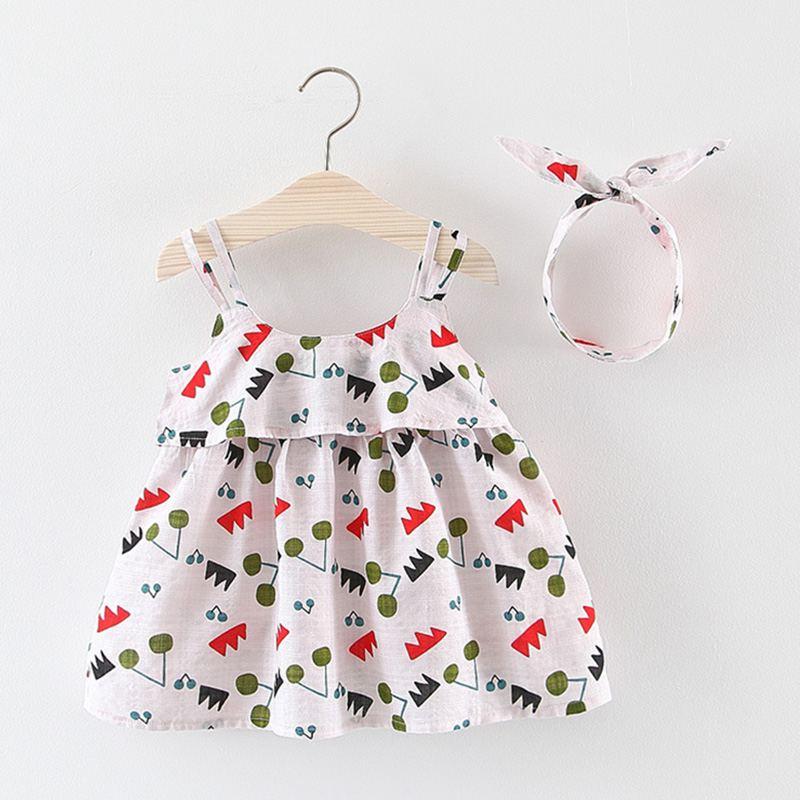 4 Set Girl Cherry Print Spaghetti Strap Dress And Headband