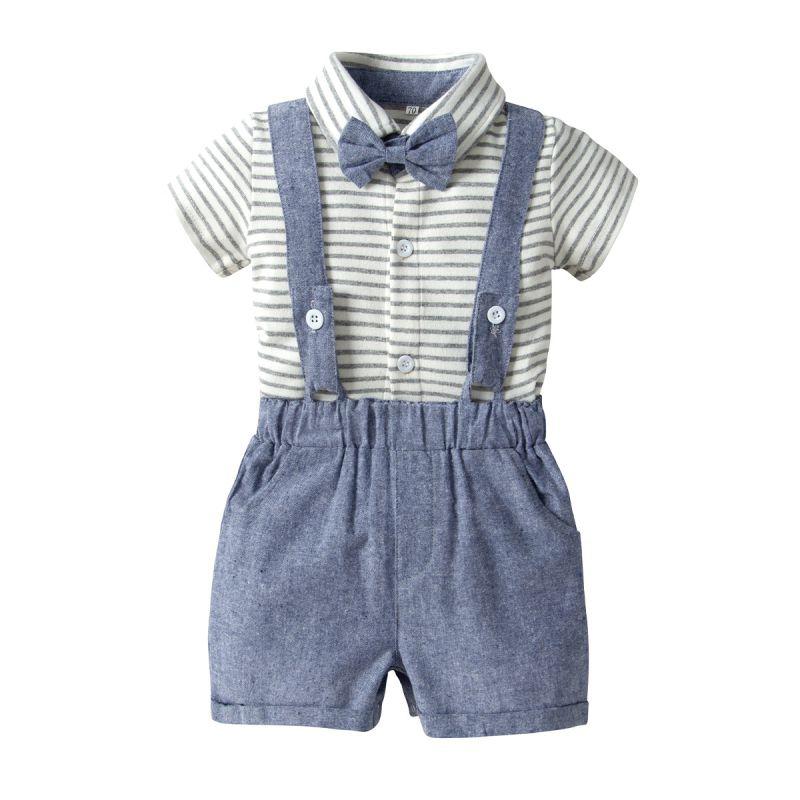 4 Pcs Toddler Boys Cotton Stripes Bodysuits And Shorts With Suspender And Bowtie