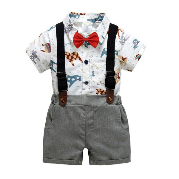 4 Pcs Toddler Boys Cotton Animals Printed Bodysuits And Shorts With Suspender And Bowtie