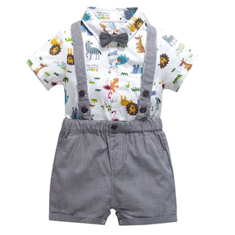 4 Pcs Toddler Boys Cotton Bodysuits And Shorts With Suspender And Bow Tie