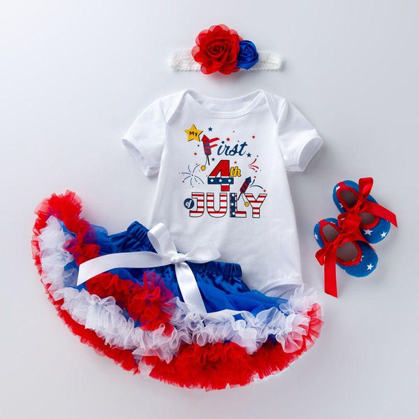 Baby Girl 4 Pcs Cotton Independence Day Print Bodysuit And Skirts With Shoes And Headband