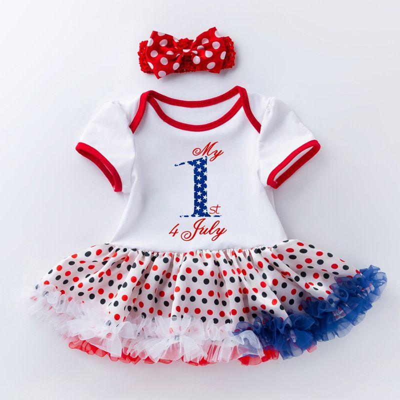 2 Pcs Baby Girl Independence Day Cotton Patchwork Bodysuit With Headband