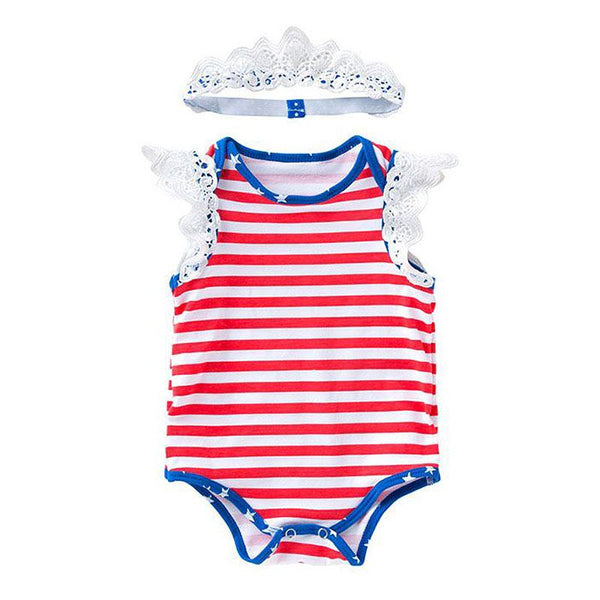 2 Pcs Baby Girl Cotton Red Stripes Printed Bodysuit With Headband