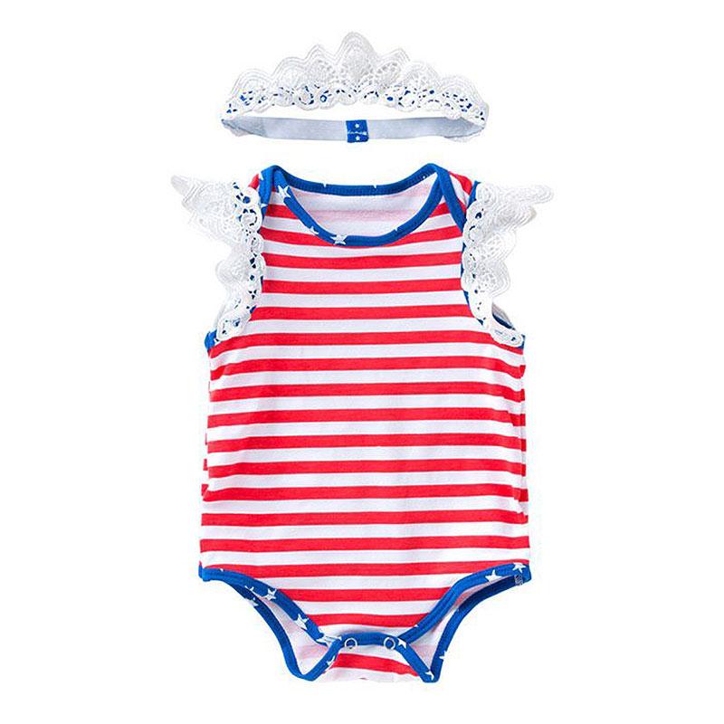 2 Pcs Baby Girl Cotton Red Stripes Printed Bodysuit With Headband